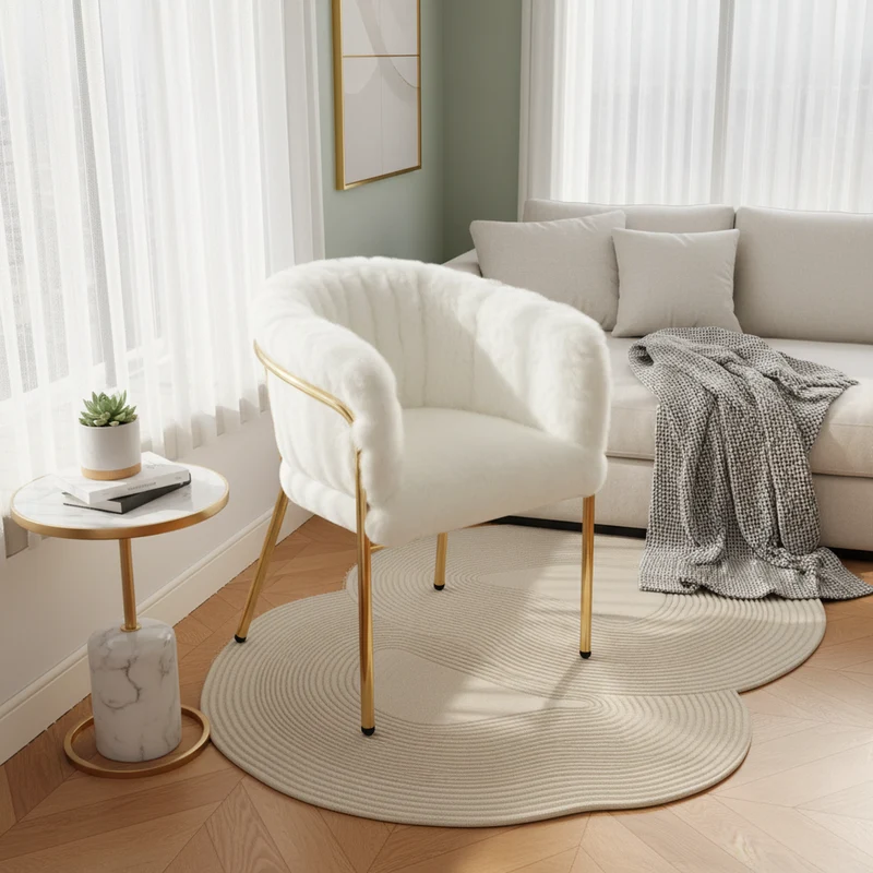 Chaise de loisirs individuelle en imitation de velours de lapin Chaise élégante à quatre pieds en métal beige pour salon chambre à coucher et salle à manger