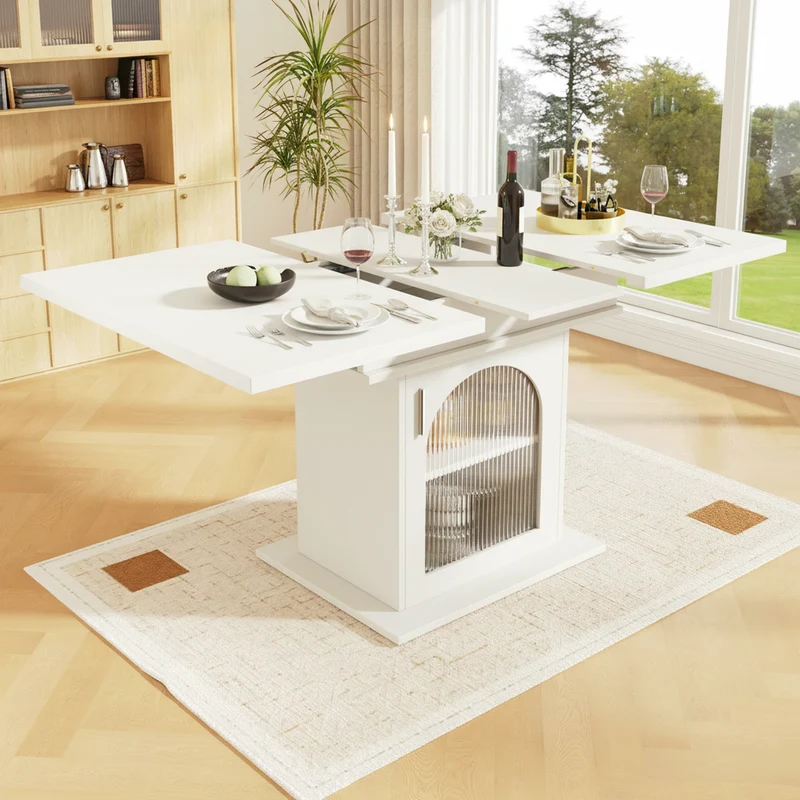 Table à manger télescopique extensible 140×80cm 3 niveaux de rangement portes en verre irisé blanche pour cuisine et salon