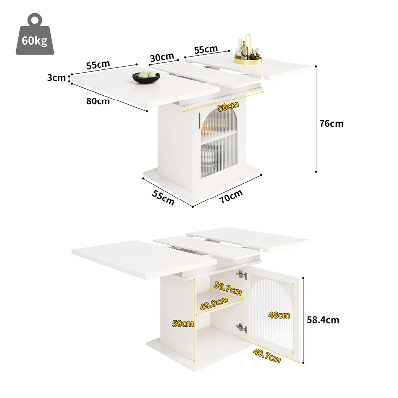 Table à manger télescopique extensible 140×80cm 3 niveaux de rangement portes en verre irisé blanche pour cuisine et salon