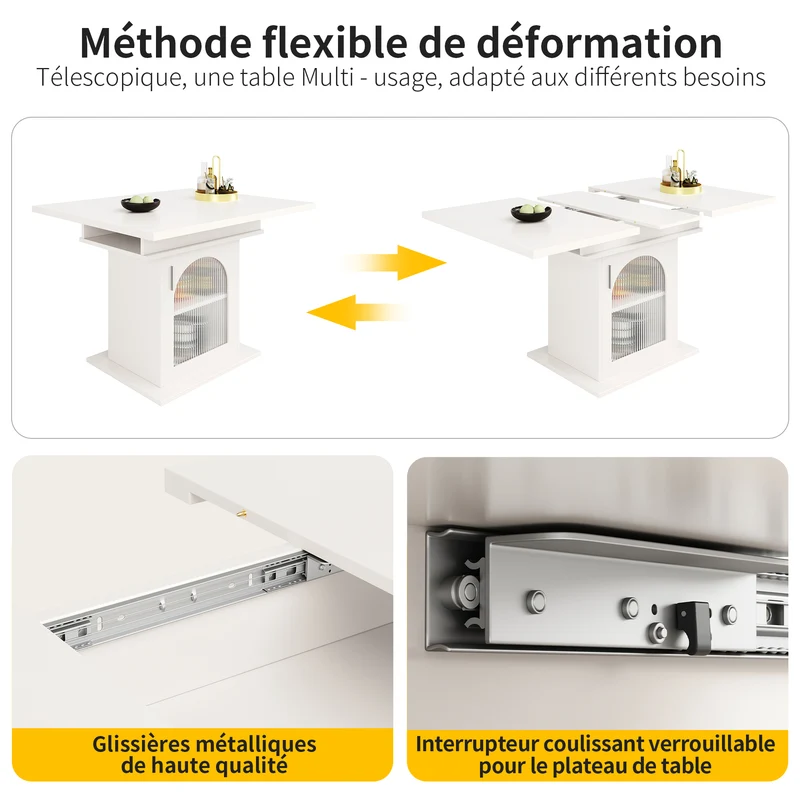 Table à manger télescopique extensible 140×80cm 3 niveaux de rangement portes en verre irisé blanche pour cuisine et salon