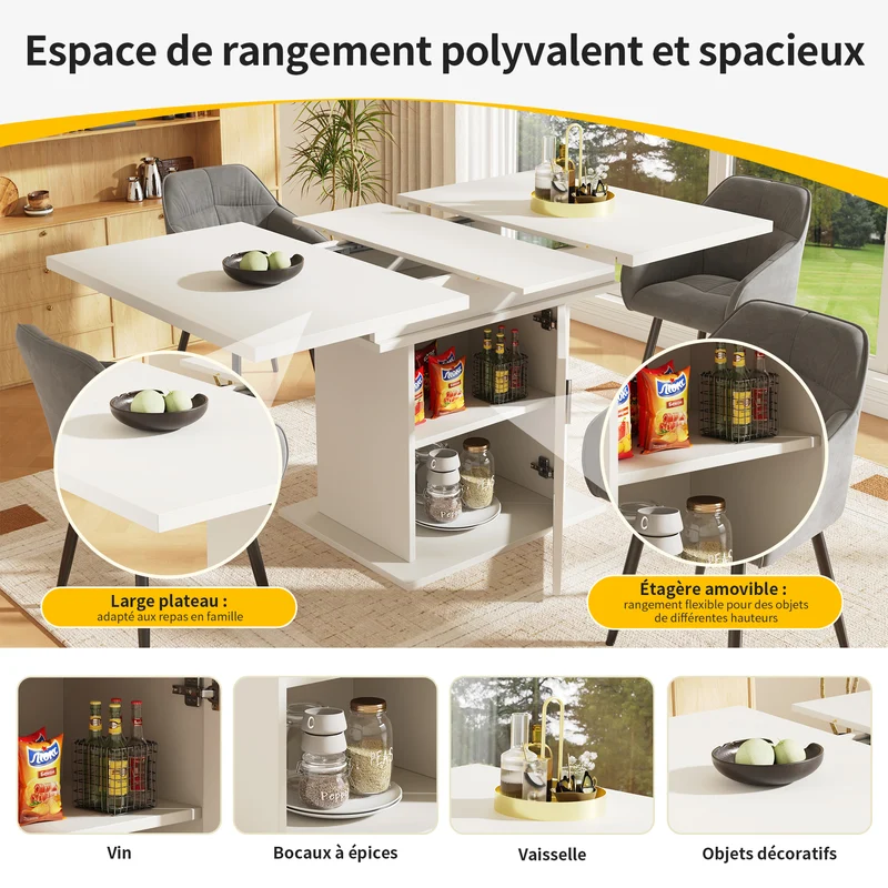 Table à manger télescopique extensible 140×80cm 3 niveaux de rangement portes en verre irisé blanche pour cuisine et salon