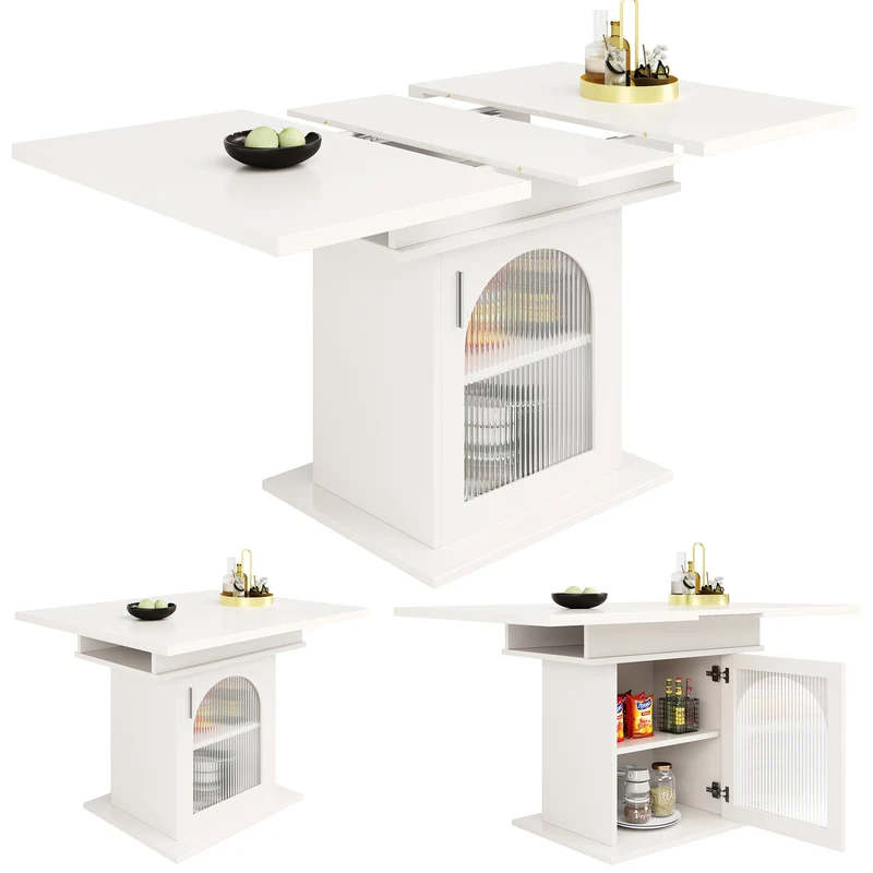 Table à manger télescopique extensible 140×80cm 3 niveaux de rangement portes en verre irisé blanche pour cuisine et salon