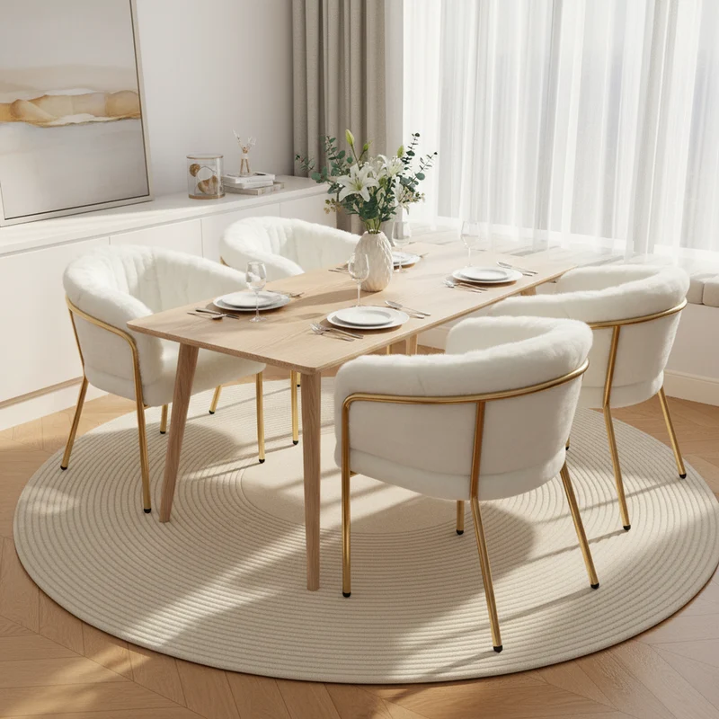 Lot de 4 chaise de loisirs individuelle en imitation de velours de lapin Chaise élégante à quatre pieds en métal beige pour salon chambre à coucher et salle à manger