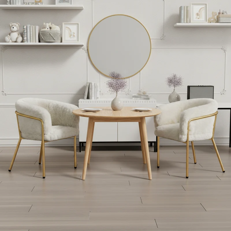 Lot de 2 chaise de loisirs individuelle en imitation de velours de lapin Chaise élégante à quatre pieds en métal beige pour salon chambre à coucher et salle à manger