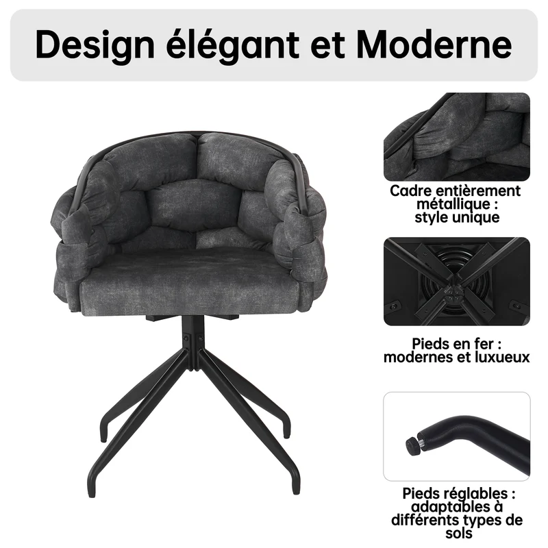 Lot de 6 Gris chaises de luxe en velours 360° pivotantes Chaises ergonomiques modernes à dossier pour salon salle à manger et dressing