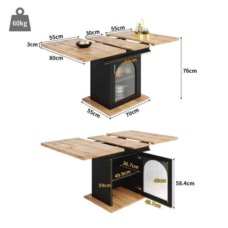 Table à manger télescopique extensible 140×80cm 3 niveaux de rangement bois naturel + noir pour cuisine et salon