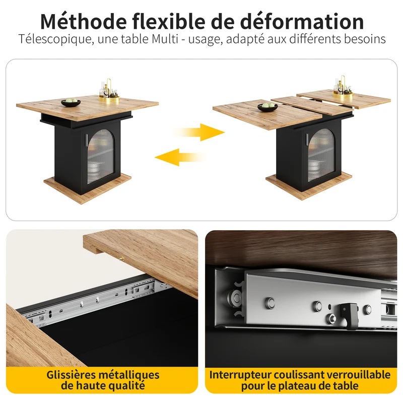 Table à manger télescopique extensible 140×80cm 3 niveaux de rangement bois naturel + noir pour cuisine et salon