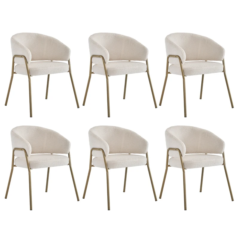 Lot de 6 chaises de salle à manger modernes en tissu effet laine blanche avec pieds dorés