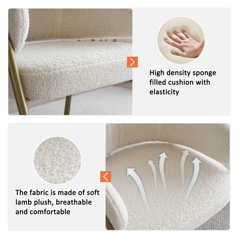 Lot de 6 chaises de salle à manger modernes en tissu effet laine blanche avec pieds dorés