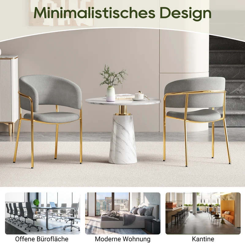 Lot de 2 chaises modernes en tissu côtelé gris avec pieds inclinés en bois et métal, dossier ergonomique et pieds réglables