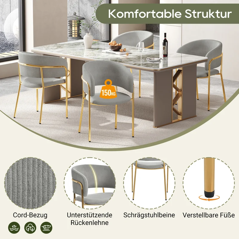 Lot de 2 chaises modernes en tissu côtelé gris avec pieds inclinés en bois et métal, dossier ergonomique et pieds réglables