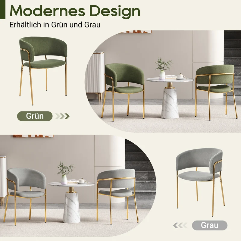 Lot de 2 chaises modernes en tissu côtelé gris avec pieds inclinés en bois et métal, dossier ergonomique et pieds réglables