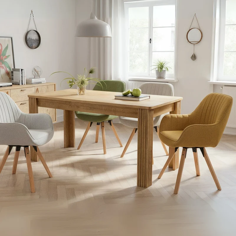 Table à manger rectangulaire en panneaux de particules finition chêne avec quatre pieds robustes