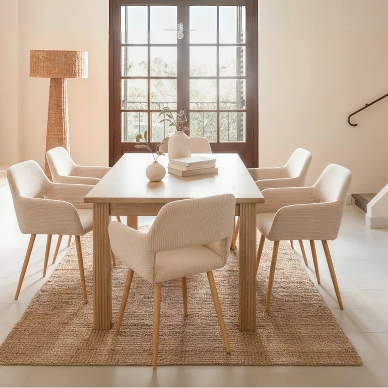 Table à manger rectangulaire en panneaux de particules finition chêne avec quatre pieds robustes