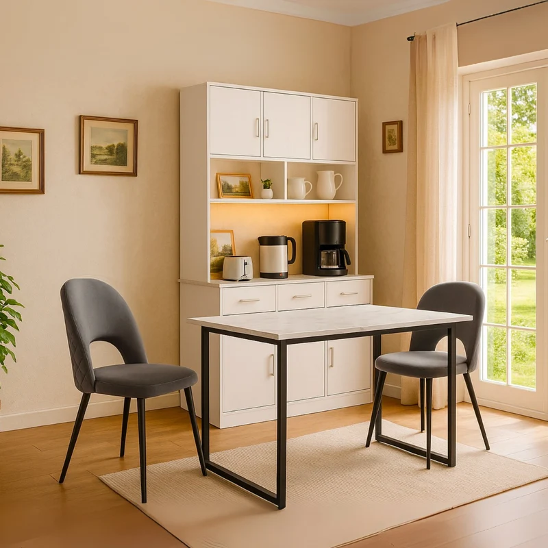 Table à manger extensible 140/180x80x75 cm avec plateau MDF effet marbre blanc et pieds en métal noir