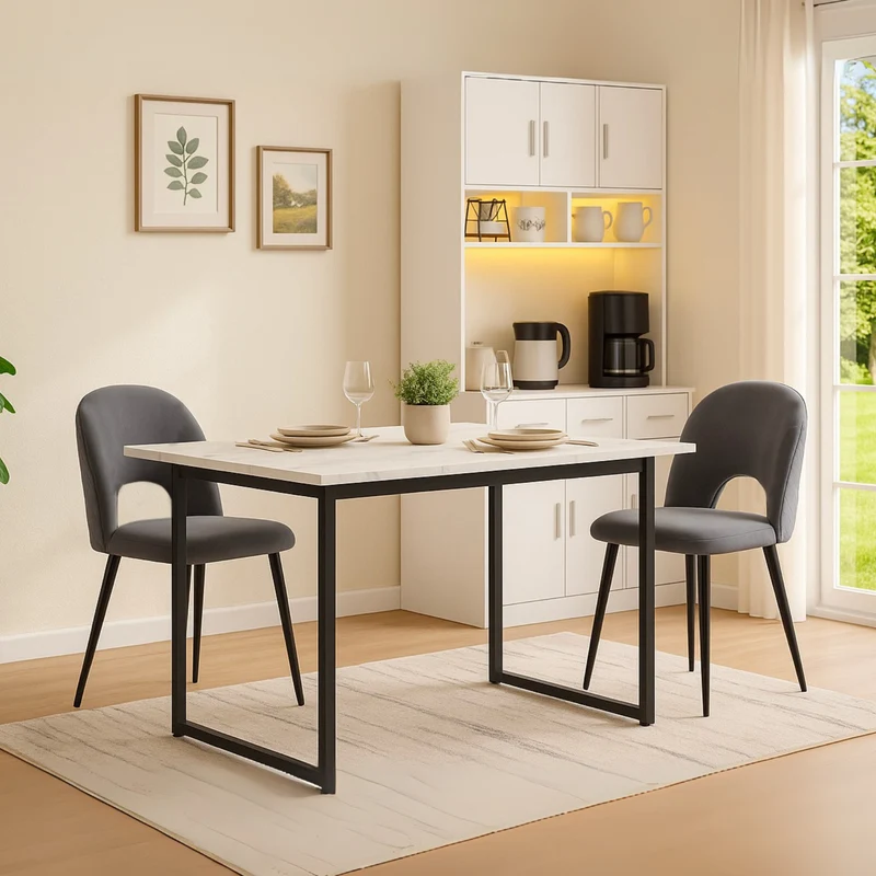 Table à manger extensible 140/180x80x75 cm avec plateau MDF effet marbre blanc et pieds en métal noir