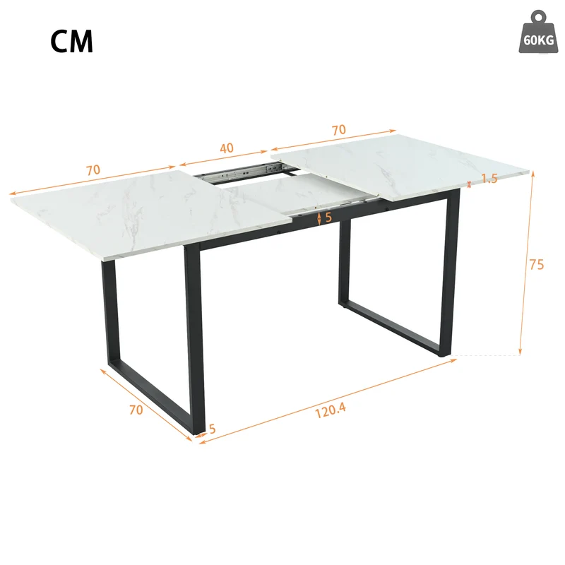 Table à manger extensible 140/180x80x75 cm avec plateau MDF effet marbre blanc et pieds en métal noir