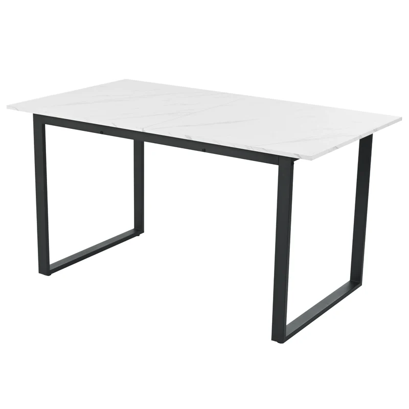 Table à manger extensible 140/180x80x75 cm avec plateau MDF effet marbre blanc et pieds en métal noir