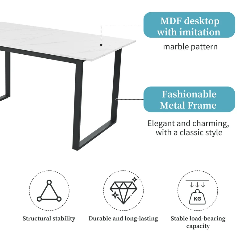 Table à manger extensible 140/180x80x75 cm avec plateau MDF effet marbre blanc et pieds en métal noir