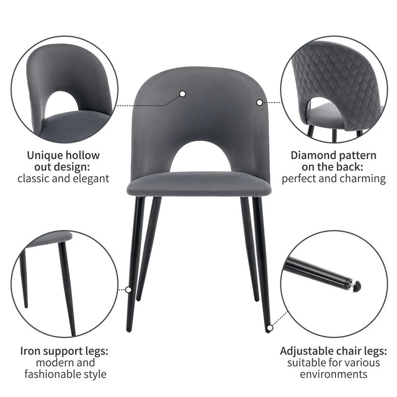Lot de 2 chaises de salle à manger en velours gris avec dossier à motif diamant, pieds en métal réglables et assise rembourrée