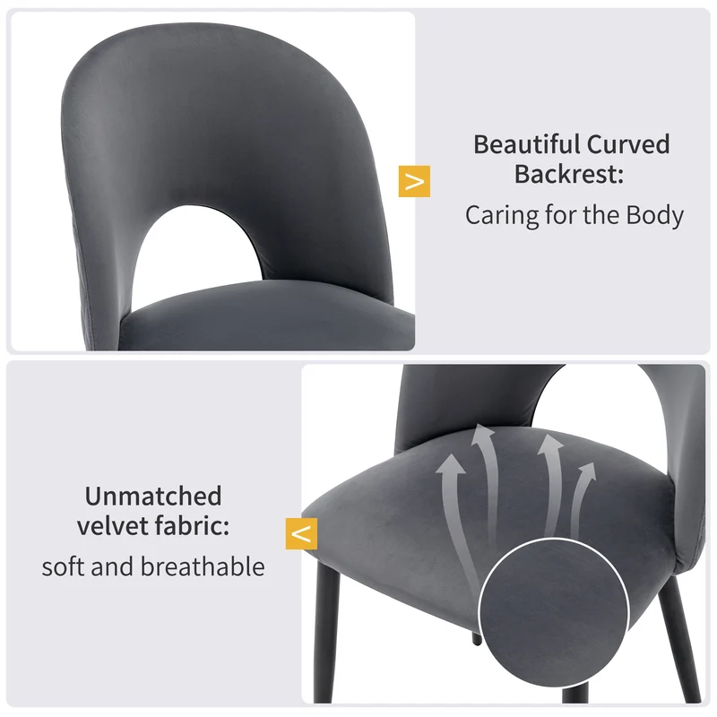 Lot de 2 chaises de salle à manger en velours gris avec dossier à motif diamant, pieds en métal réglables et assise rembourrée