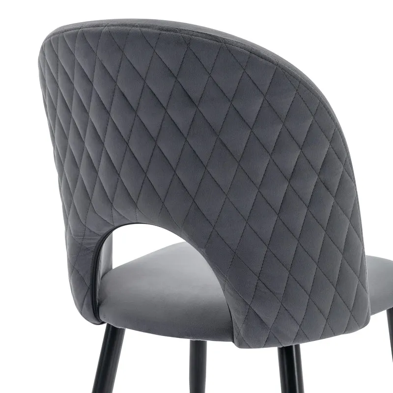 Lot de 2 chaises de salle à manger en velours gris avec dossier à motif diamant, pieds en métal réglables et assise rembourrée