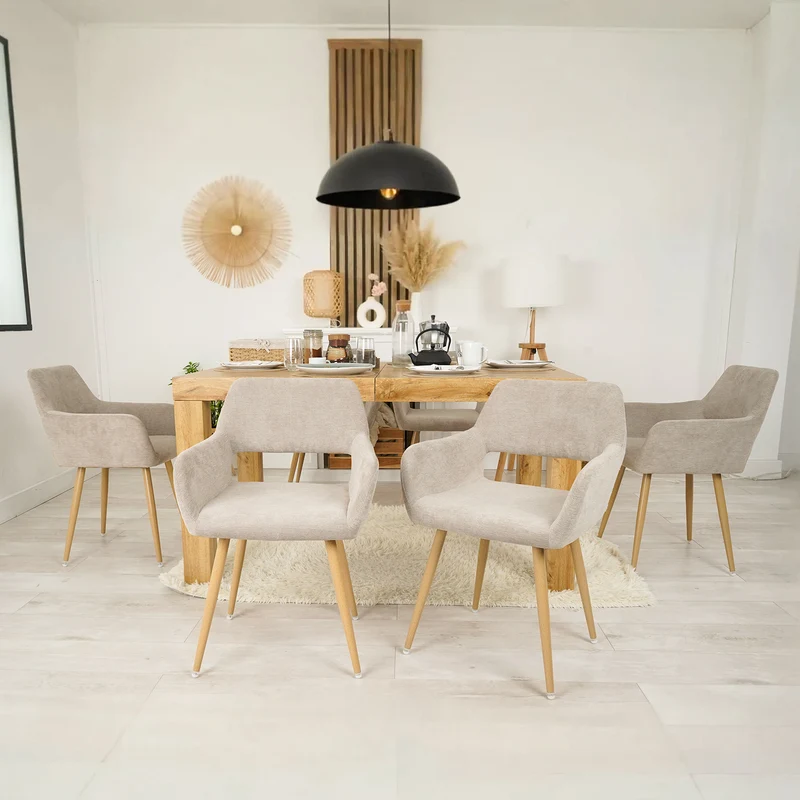 Lot de 6 fauteuils de salle à manger scandinaves avec accoudoirs en tissu beige - CROMWELL