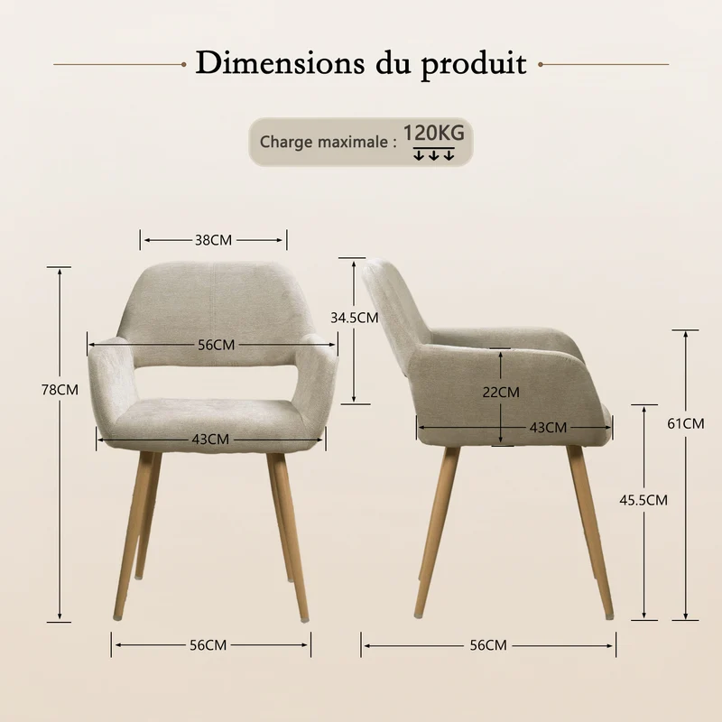 Lot de 4 fauteuils de salle à manger scandinaves avec accoudoirs en tissu beige - CROMWELL