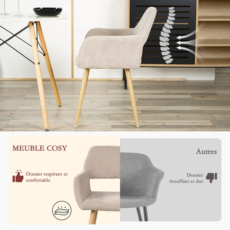 Lot de 6 fauteuils de salle à manger scandinaves avec accoudoirs en tissu beige - CROMWELL