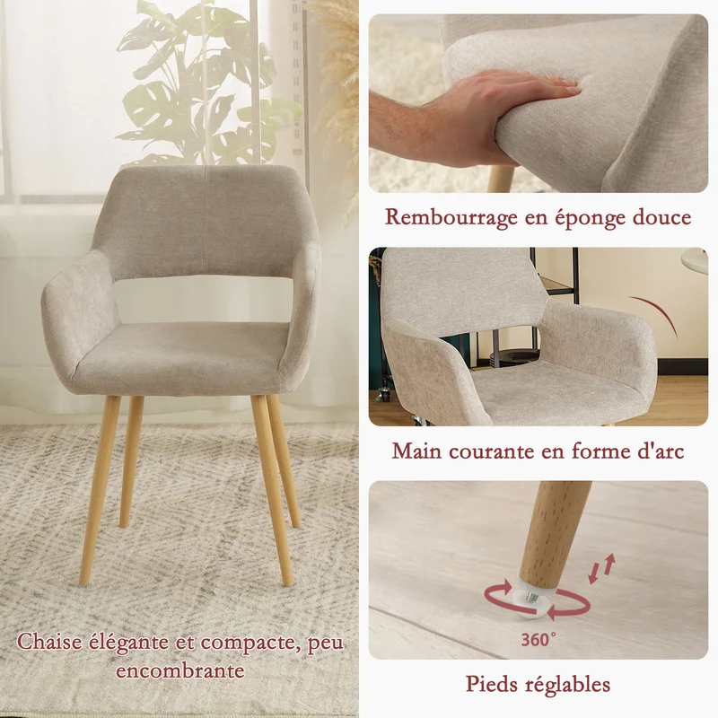 Lot de 4 fauteuils de salle à manger scandinaves avec accoudoirs en tissu beige - CROMWELL