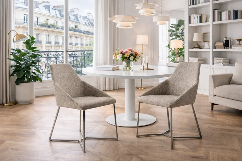 Chaise de salle à manger design en tissu beige avec pieds chromés – Angel Cerdá 4008