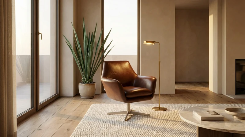Fauteuil pivotant rembourré en cuir cognac & acier inoxydable