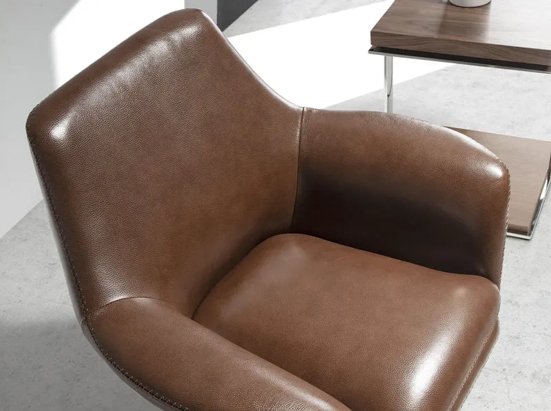 Fauteuil pivotant rembourré en cuir cognac & acier inoxydable
