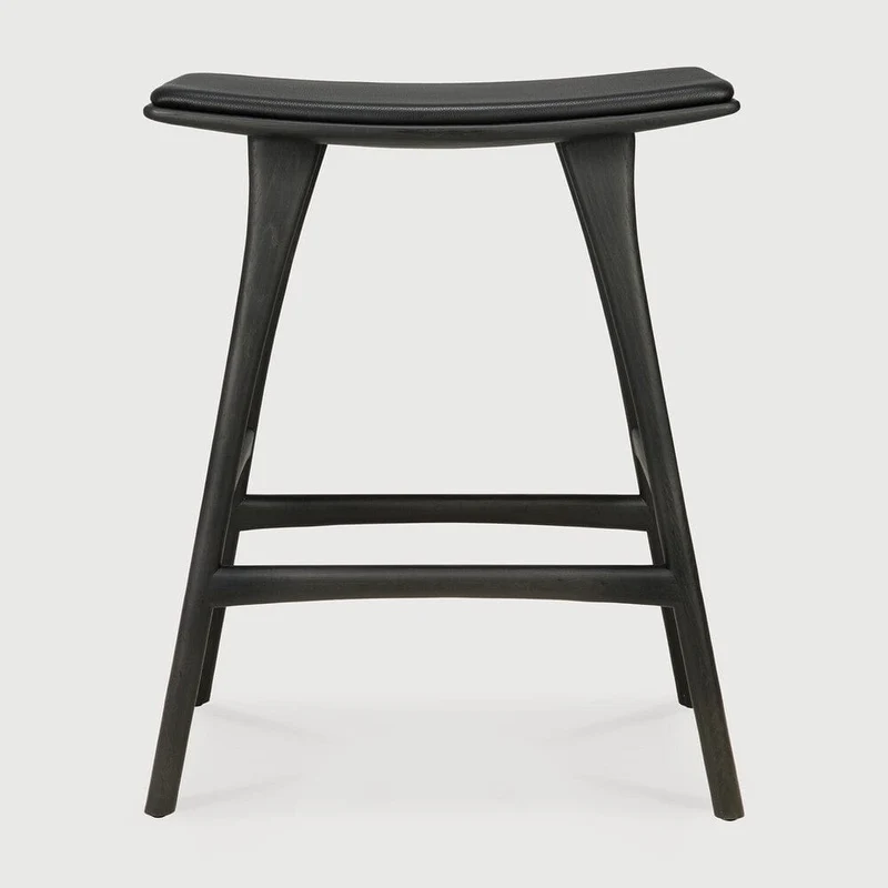 Ethnicraft Tabouret de Bar Osso avec Coussin en Cuir Noir (69 cm)