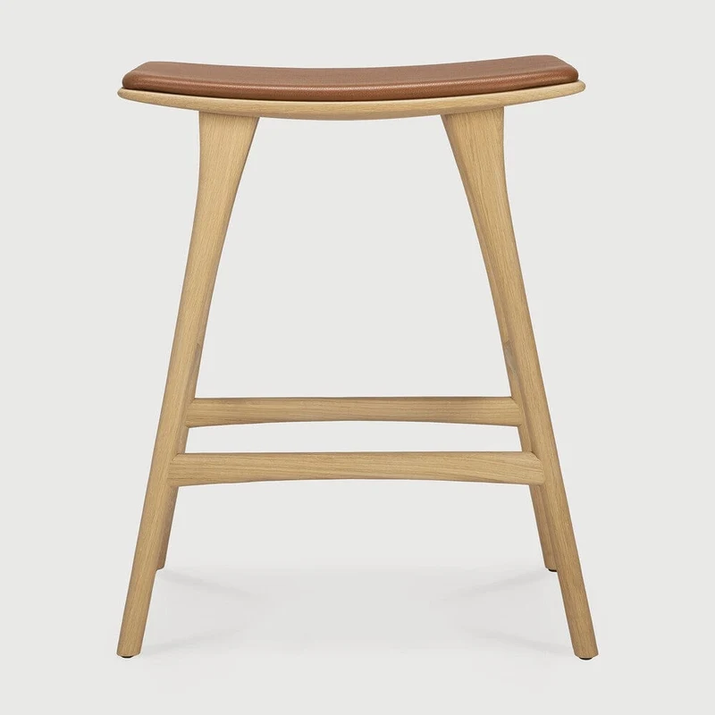 Ethnicraft Tabouret de Bar Osso avec Coussin en Cuir Cognac (69 cm)