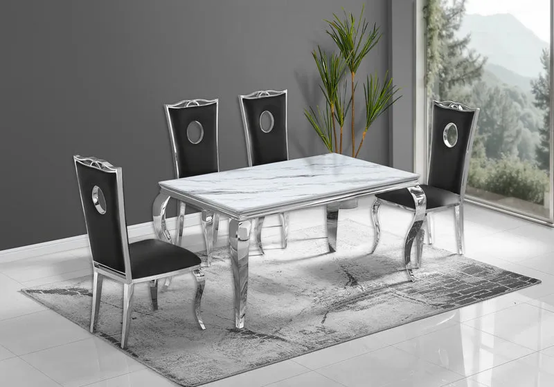 Ensemble table marbre blanc et 4 chaises argent – Neo