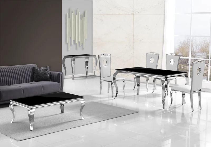 Ensemble table verre noir et 4 chaises argent – Neo