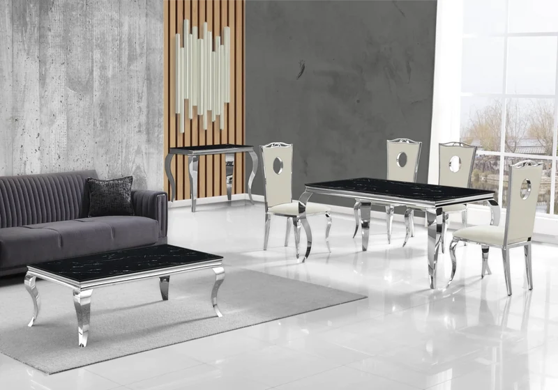 Salle à manger complète marbre noir argent – Neo