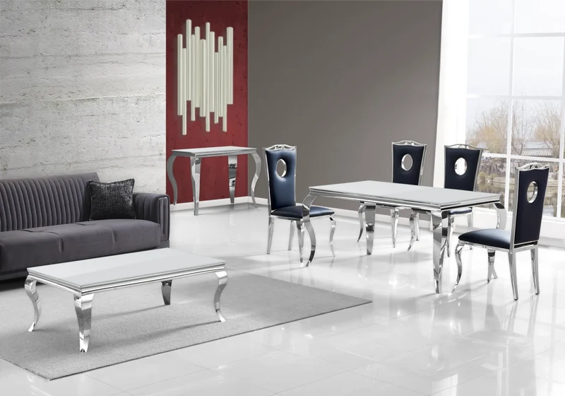 Salle à manger complète verre blanc argent – Neo