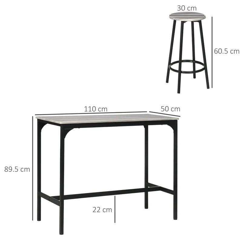 Ensemble de table haute avec quatre tabourets au design industriel gris en métal