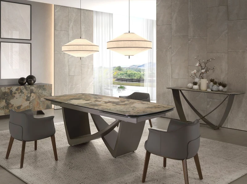 Table à manger marbre porcelaine et acier taupe 160cm | Design