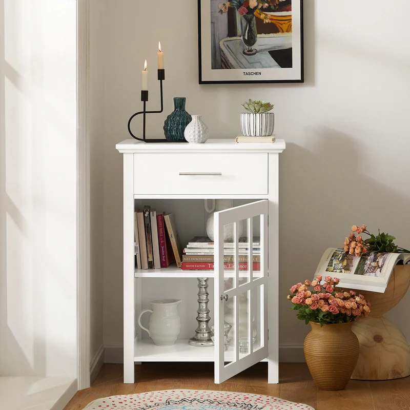 SoBuy FSB31-W Armoire de Rangement Buffet Commode Placard Meuble de Rangement Multi-rangements avec 1 Tiroir et 1 Porte Vitrée