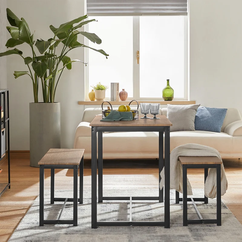 SoBuy OGT25-N Ensemble Table à Manger et bancs, Set de 3 pieces, avec 2 bancs pour Cuisine, Salle à Manger, Salon