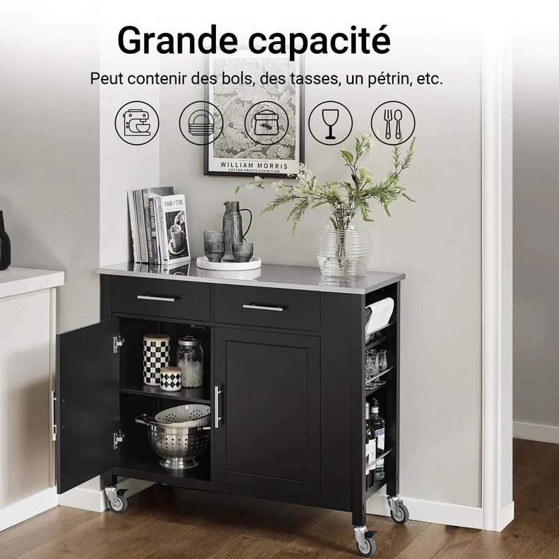 SoBuy FKW108-SCH Desserte Cuisine avec Plateau en Acier Inoxydable, Tiroirs et Roulettes, Usage Polyvalent, Mobile – L107×P46×H94 cm, Bois + Inox, Noir