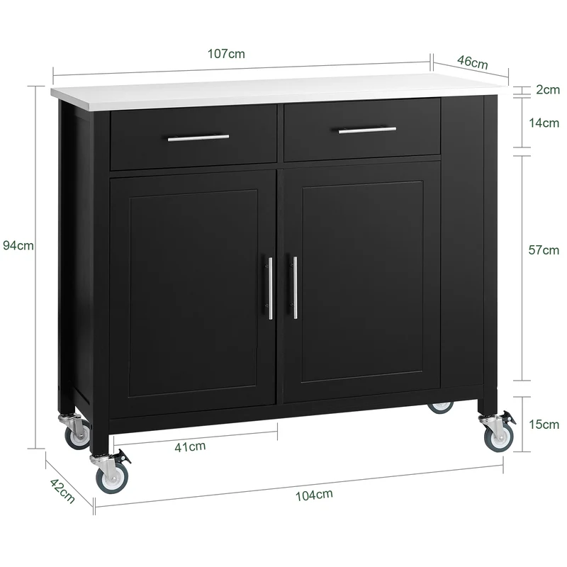 SoBuy FKW108-SCH Desserte Cuisine avec Plateau en Acier Inoxydable, Tiroirs et Roulettes, Usage Polyvalent, Mobile – L107×P46×H94 cm, Bois + Inox, Noir
