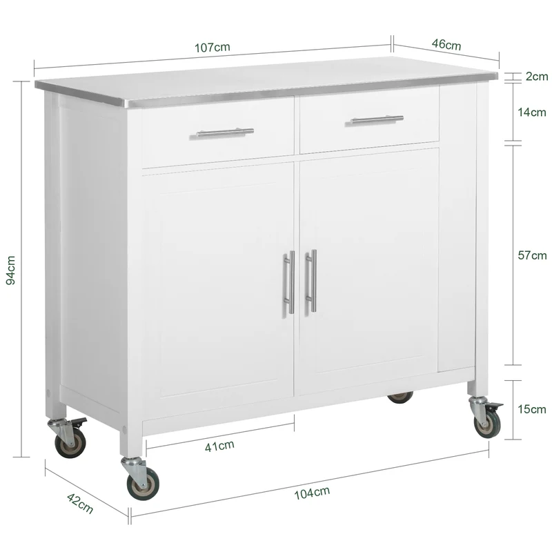 SoBuy FKW108-W Desserte Cuisine avec Plateau en Acier Inoxydable, Tiroirs et Roulettes, Usage Polyvalent, Mobile – L107×P46×H94 cm, Bois + Inox, Blanc