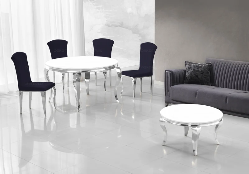 Table à manger ronde verre blanc pieds argent - Neo