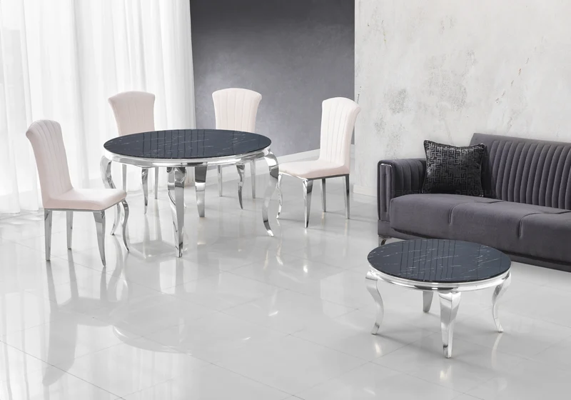 Table à manger ronde marbre noir pieds argent - Neo