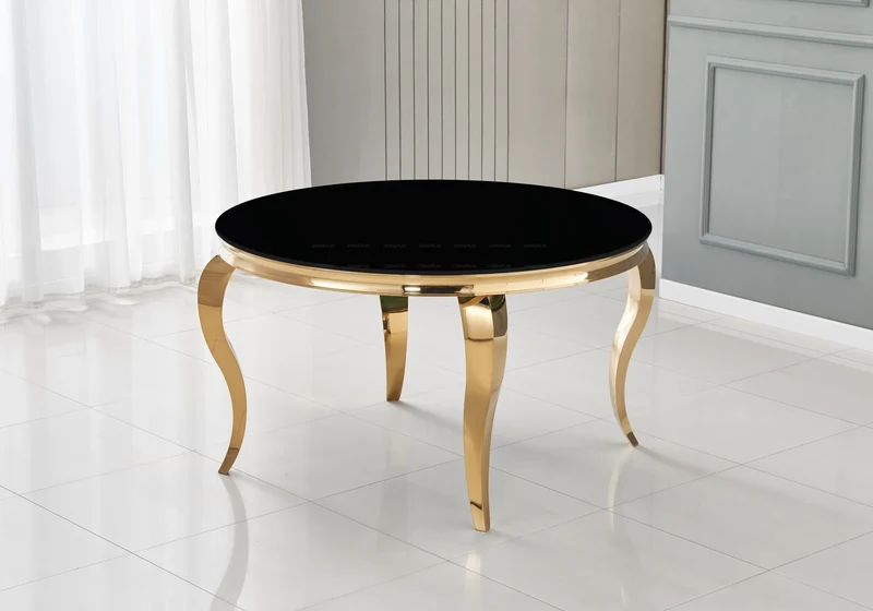 Table à manger ronde verre noir pieds or - Neo