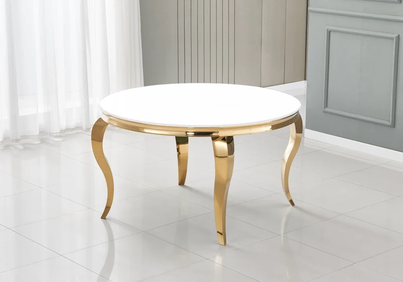 Table à manger ronde verre blanc pieds or - Neo